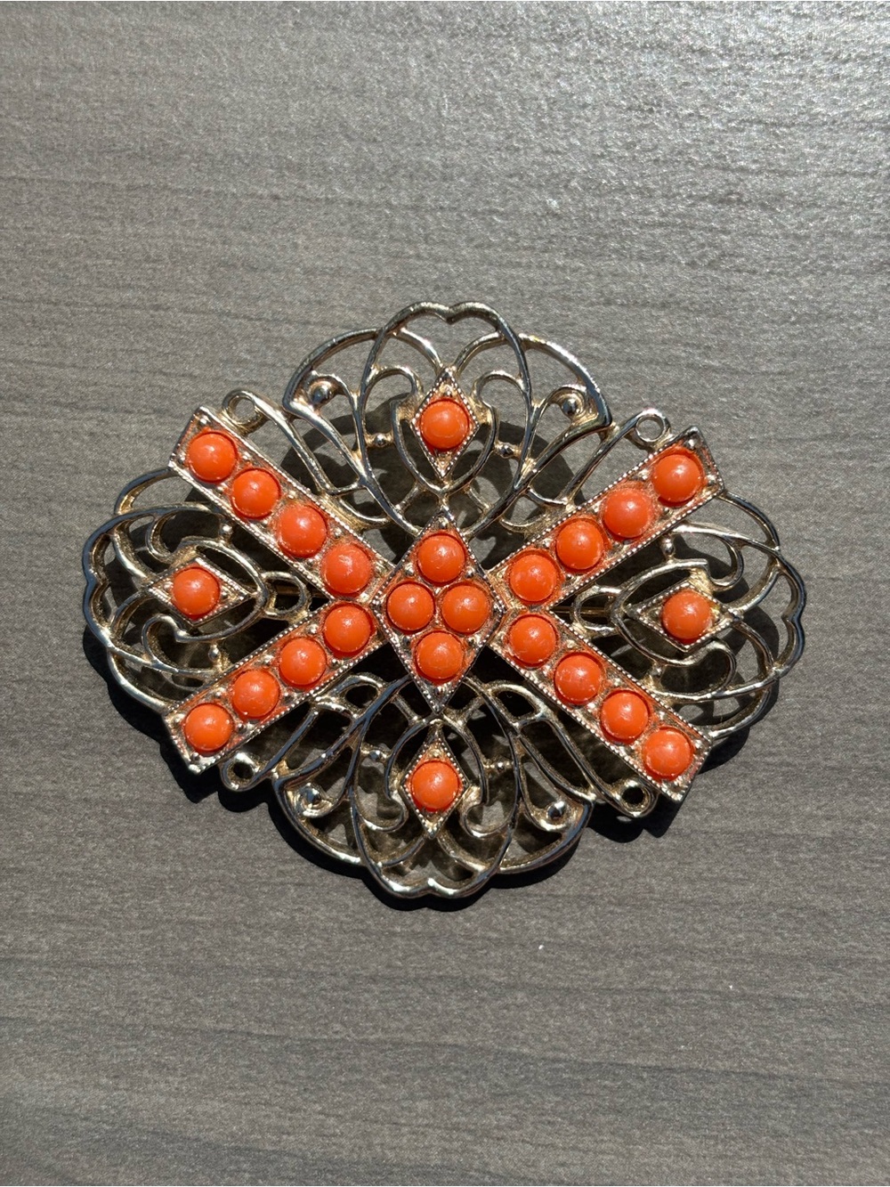 Vintage Sarah Coventry Signed Gold-Tone Orange Coral Cabochon Filigree Brooch